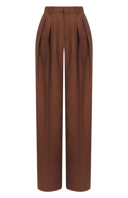 Женские шерстяные брюки SAINT LAURENT коричневого цвета, арт. 824389/Y405W | Фото 1 (Женское Кросс-КТ: Брюки-одежда; Длина (брюки, джинсы): Удлиненные; Кросс-КТ: костюм; Стили: Кэжуэл; Автоматизация состава: Проставлено; Силуэт Ж (брюки и джинсы): Прямые; Автоматизация ТО: Проставлено; Материал внешний: Шерсть)