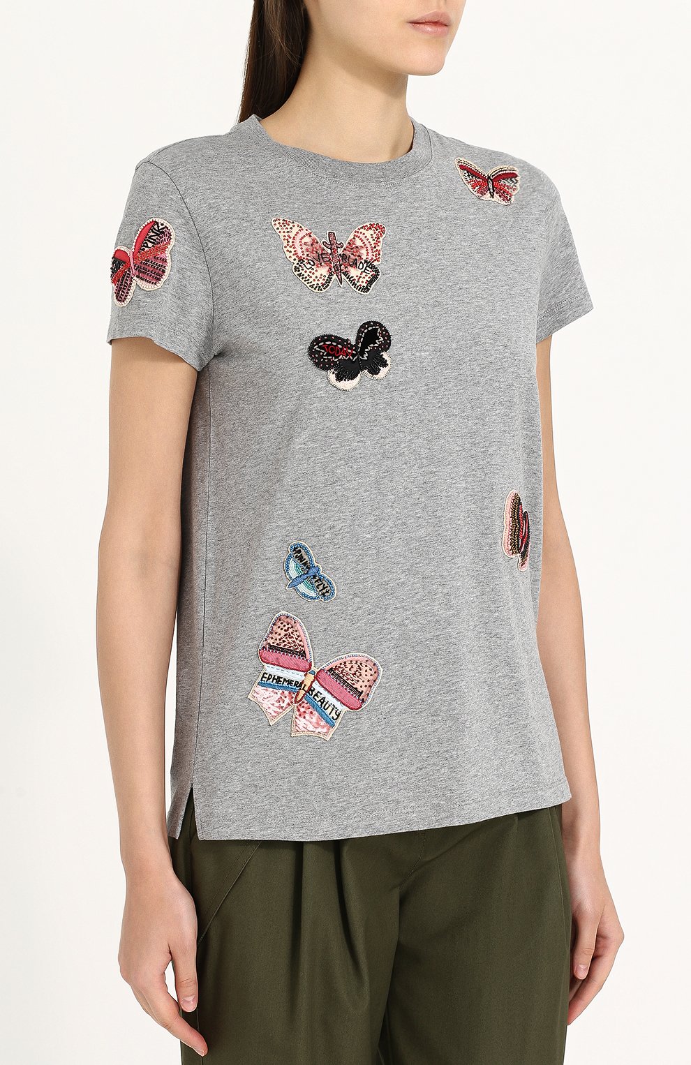 Футболка прямого кроя с отделкой в виде бабочек VALENTINO серого цвета по цене 151500 руб., арт. PB3MG06U/3P7, фото 3 Футболка прямого кроя с отделкой в виде бабочек VALENTINO, арт. PB3MG06U/3P7, фото 3