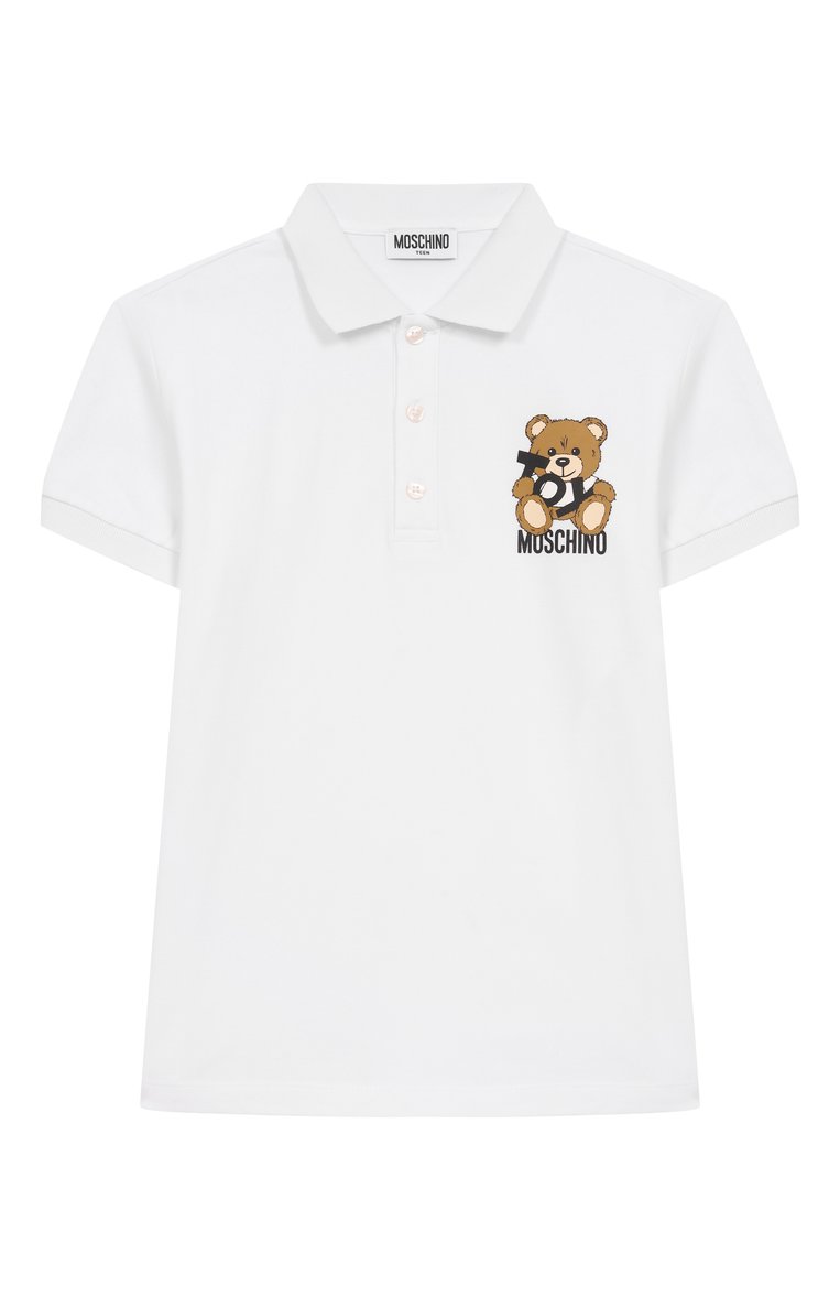Детское хлопковое поло MOSCHINO белого цвета, арт. HRM03Y/LFA01/10-14 | Фото 1 (Материал внешний: Хлопок; Рукава: Короткие; Тематический товар: Teddy Bear; Ростовка одежда: 10 - 11 лет | 140 - 146см, 12 лет | 152 см)