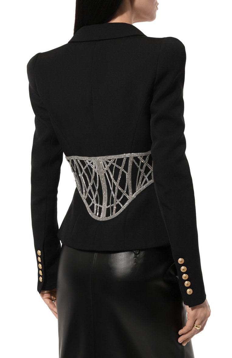 Женский шерстяной жакет BALMAIN черного цвета, арт. AF0SE007PB85 | Фото 4 (Материал подклада: Вискоза; Материал внешний: Шерсть; Рукава: Длинные; Длина (для топов): Стандартные; Женское Кросс-КТ: Жакет-одежда; Случай: Вечерний; Стили: Гламурный; 1-2-бортные: Однобортные)