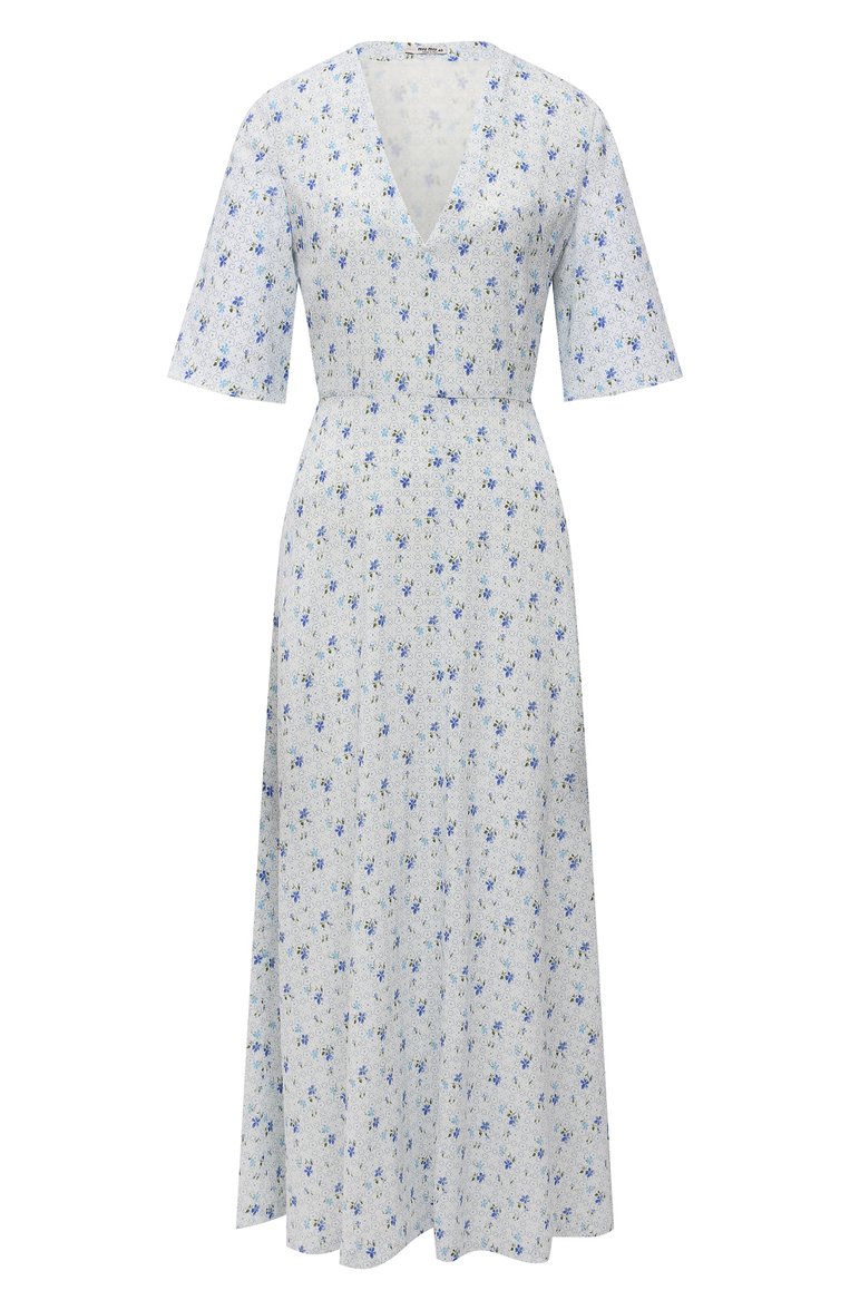 Женское платье из вискозы MIU MIU светло-голубого цвета, арт. MF4438-1Z72-F0M10 | Фото 1 (Материал внешний: Вискоза; Длина Ж (�юбки, платья, шорты): Миди; Стили: Романтичный; Случай: Повседневный; Женское Кросс-КТ: Платье-одежда; Рукава: Короткие; Драгоценные камни: Проставлено; Материал сплава: Проставлено)