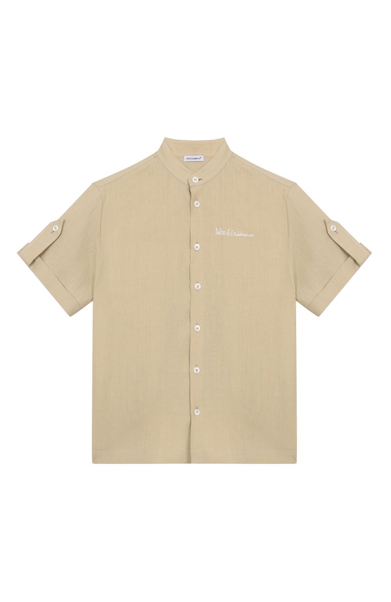 Детская льняная рубашка DOLCE & GABBANA бежевого цвета, арт. L44S25/FU4LH/8-14 | Фото 1 (Рукава: Короткие; Материал внешний: Лен; Случай: Повседневный; Автоматизация ТО: Проставлено; Автоматизация состава: Проставлено; Ростовка одежда: 2 года | 92 см, 3 года | 98 см, 4 года | 104 см, 5 лет | 110 см, 6 лет | 116 см, 8 лет | 128 см, 10 - 11 лет | 140 - 146см, 12 лет | 152 см, 13 - 15 лет | 158 см)
