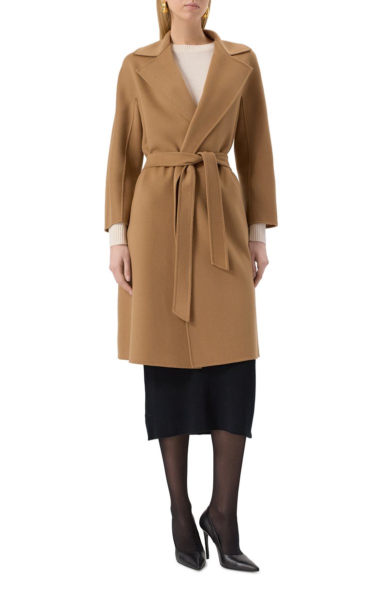 Женское шерстяное пальто MAX MARA STUDIO светло-коричневого цвета, арт. CLES | Фото 3 (Длина (верхняя одежда): До колена; Автоматизация состава: Проставлено; Автоматизация ТО: Проставлено; Материал внешний: Шерсть; Рукава: Длинные; Стили: Кэжуэл; 1-2-бортные: Однобортные)