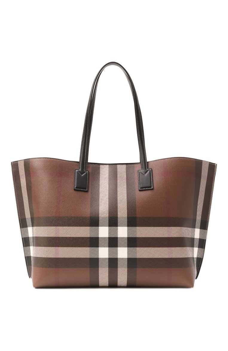Женская сумка-тоут BURBERRY темно-коричневого цвета, арт. 8069659 | Фото 1 (Размер: medium; Материал: Текстиль, Экокожа; Автоматизация ТО: Проставлено; Автоматизация состава: Проставлено)
