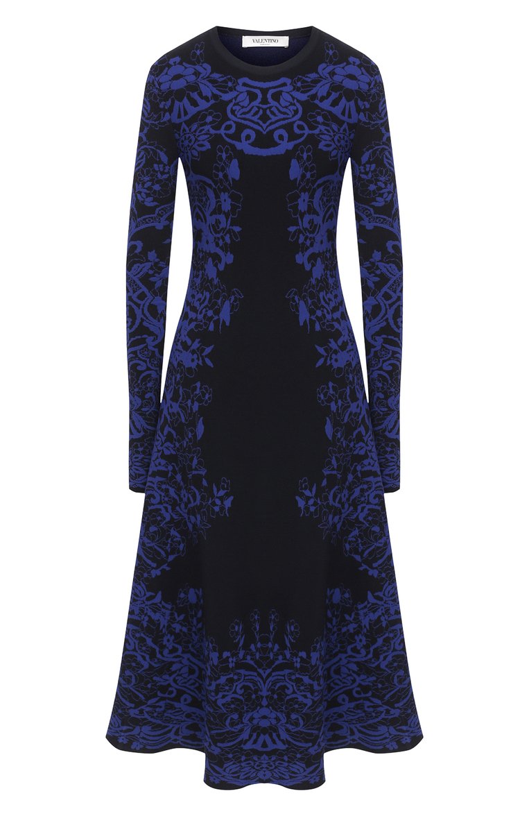 Женское платье из вискозы VALENTINO синего цвета, арт. UB3KDA775N1 | Фото 1 (Рукава: Длинные; Длина Ж (юбки, платья, шорты): Миди; Женское Кросс-КТ: Платье-одежда; Случай: Повседневный; Материал внешний: Вискоза; Нос: Не проставлено)