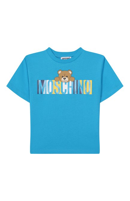 Детская хлопковая футболка MOSCHINO бирюзового цвета, арт. HMM050/LAA02/4-8 | Фото 1 (Драгоценные камни: Проставлено; Материал внешний: Хлопок; Рукава: Короткие; Материал сплава: Проставлено)