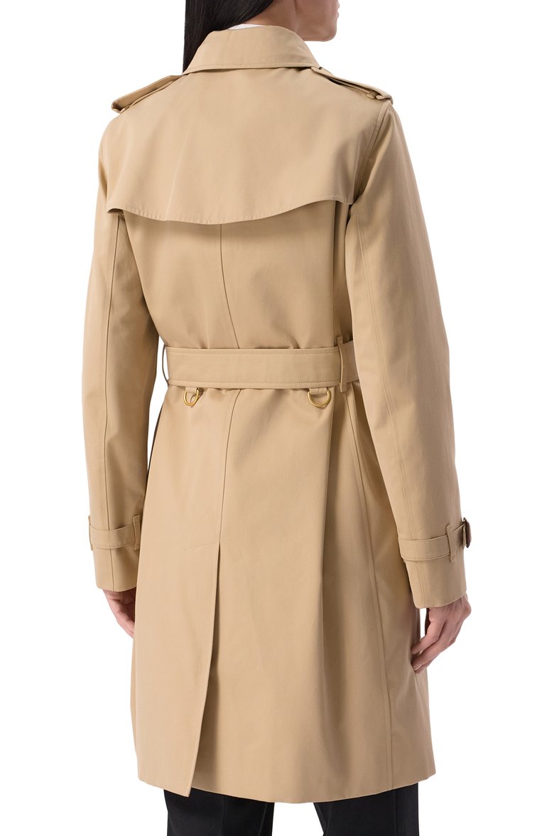 Женский хлопковый тренч BURBERRY бежевого цвета, арт. 8079411 | Фото 4 (Материал сплава: Проставлено; Длина (верхняя одежда): До середины бедра; Материал подклада: Хлопок; Драгоценные камни: Проставлено; Рукава: Длинные; Кросс-КТ: Куртка; Материал внешний: Хлопок; Стили: Классический)