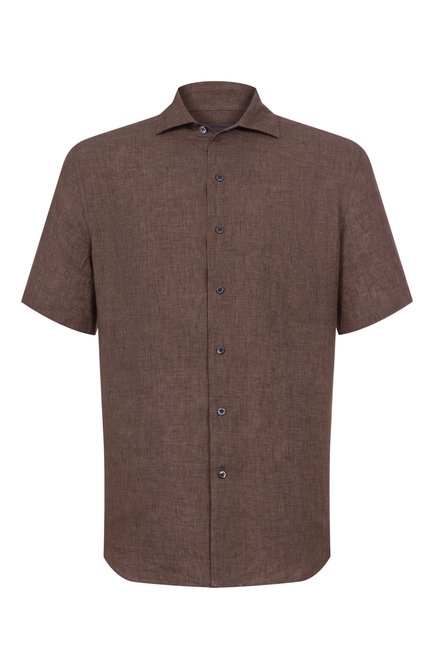 Мужская льняная рубашка CORNELIANI коричневого цвета, арт. 25I126-2511334 | Фото 1 (Рукава: Короткие; Материал внешний: Лен; Материал сплава: Проставлено; Длина (для топов): Стандартные; Драгоценные камни: Проставлено)