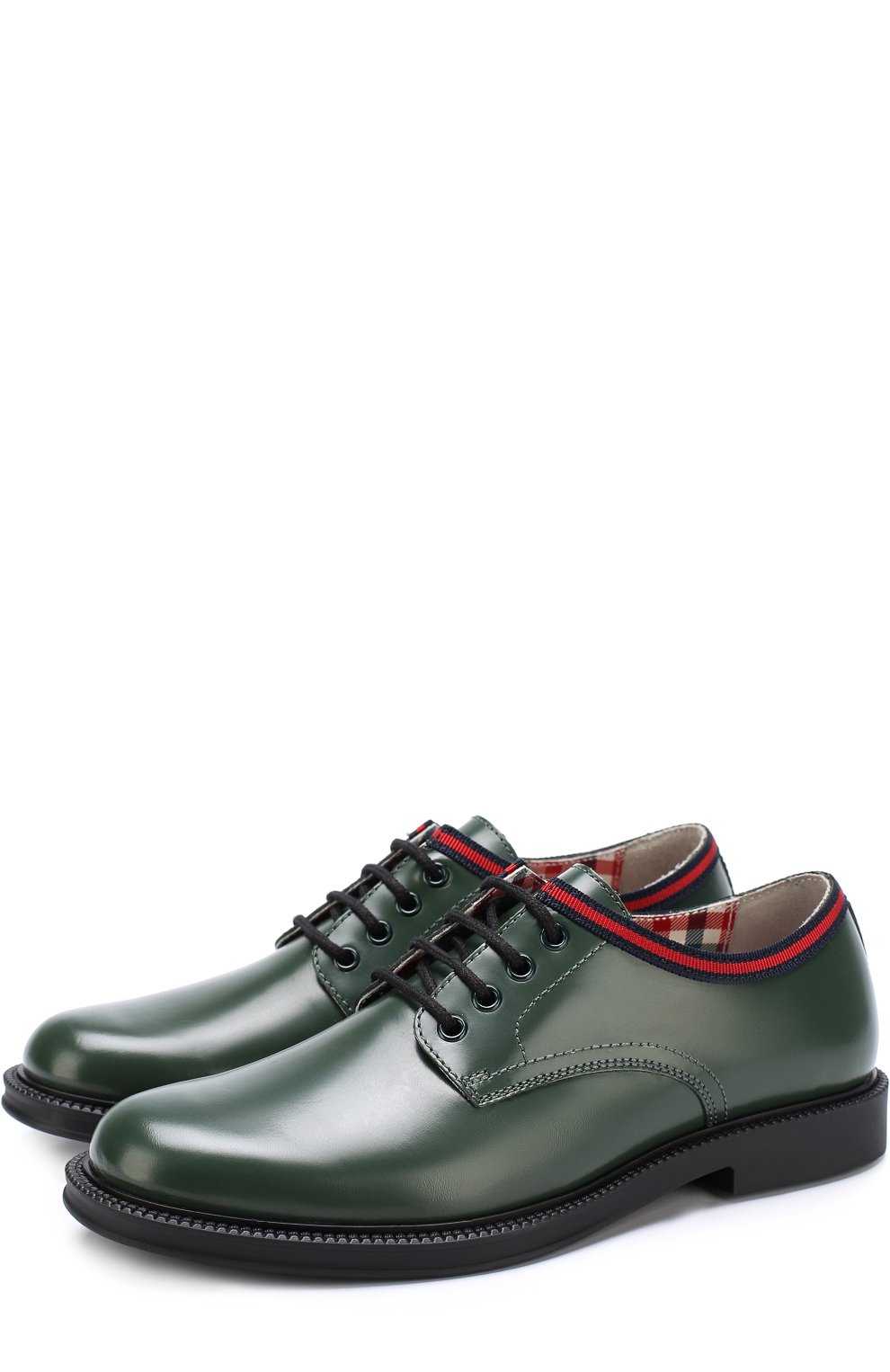 Кожаные дерби с текстильной отделкой GUCCI зеленого цвета по цене 30950 руб., арт. 477514/D7310, фото 1 Кожаные дерби с текстильной отделкой GUCCI, арт. 477514/D7310, фото 1