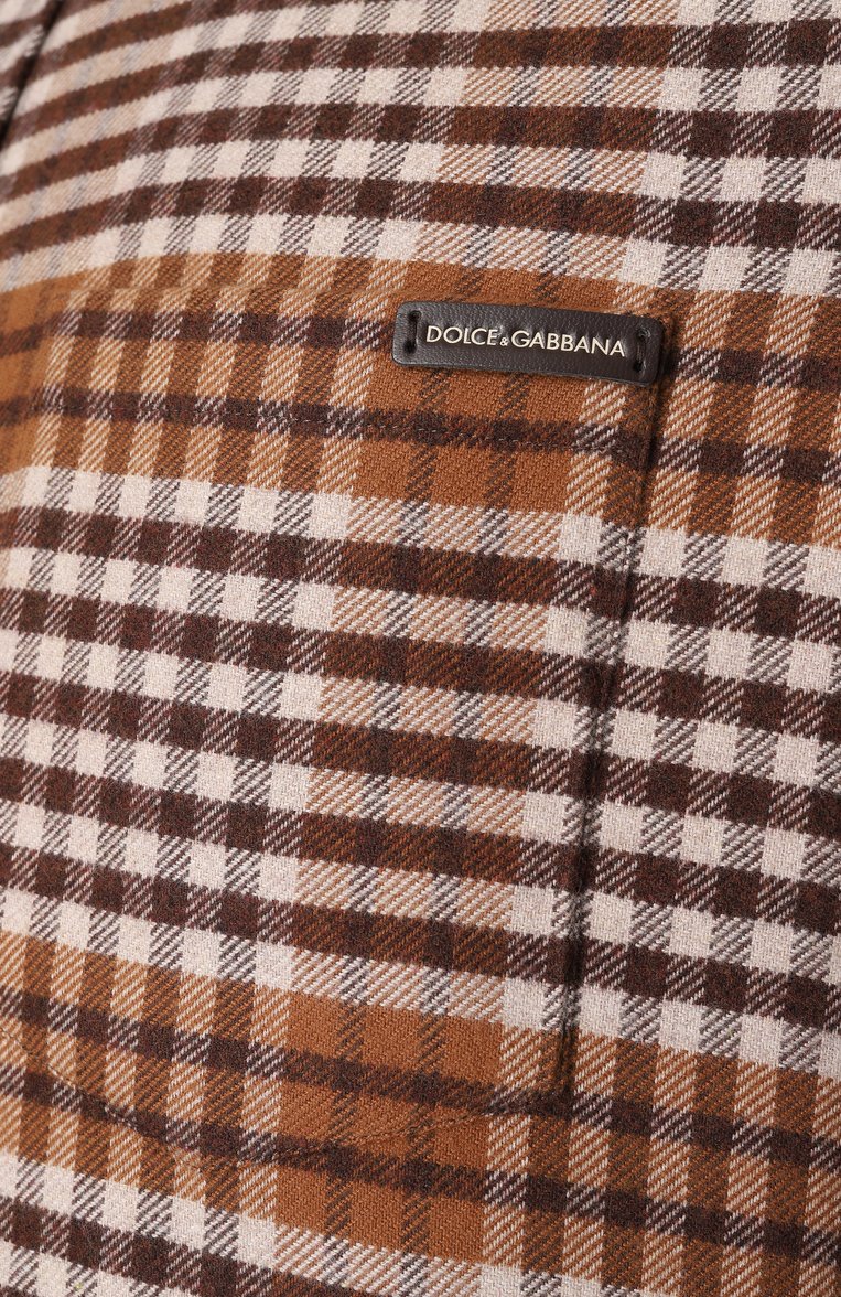 Мужская хлопковая рубашка DOLCE & GABBANA светло-коричневого цвета, арт. G5JZ9T/GJ291 | Фото 6 (Материал внешний: Хлопок; Длина (для топов): Стандартные; Материал сплава: Проставлено; Рукава: Длинные; Драгоценные камни: Проставлено; Воротник: Кент; Случай: Повседневный; Принт: Клетка; Манжеты: На пуговицах; Рубашки М: Classic Fit; Стили: Кэжуэл)