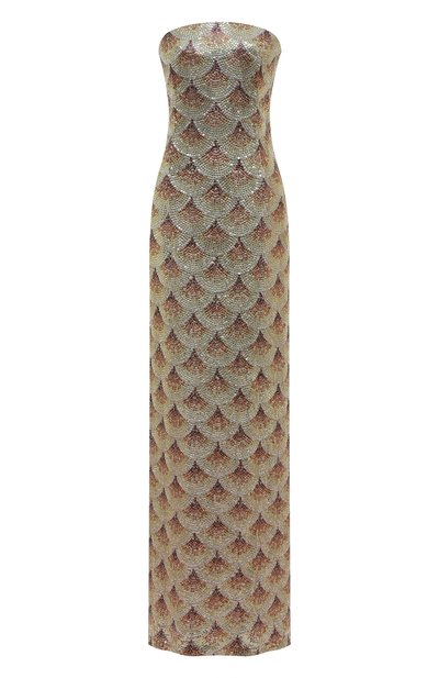 Шелковое платье с отделкой пайетками OSCAR DE LA RENTA золотого цвета по цене 1205000 руб., арт. 19PE037SCH, фото 1 Шелковое платье с отделкой пайетками OSCAR DE LA RENTA, арт. 19PE037SCH, фото 1