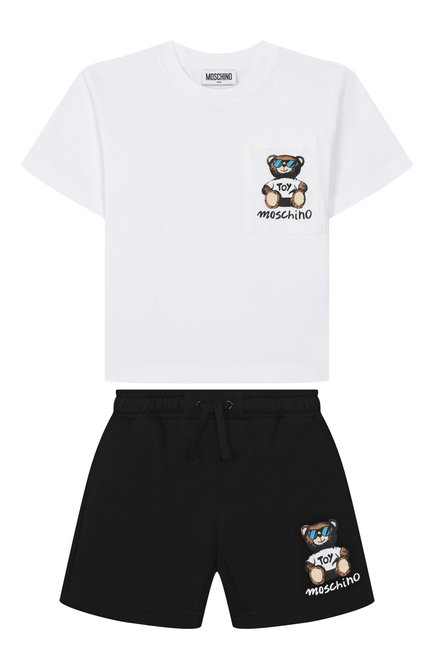 Детского комплект из футболки и шорт MOSCHINO черно-белого цвета, арт. HUG00R/LCA32/4-8 | Фото 1 (Рукава: Короткие; Драгоценные камни: Проставлено; Материал сплава: Проставлено; Материал внешний: Хлопок)