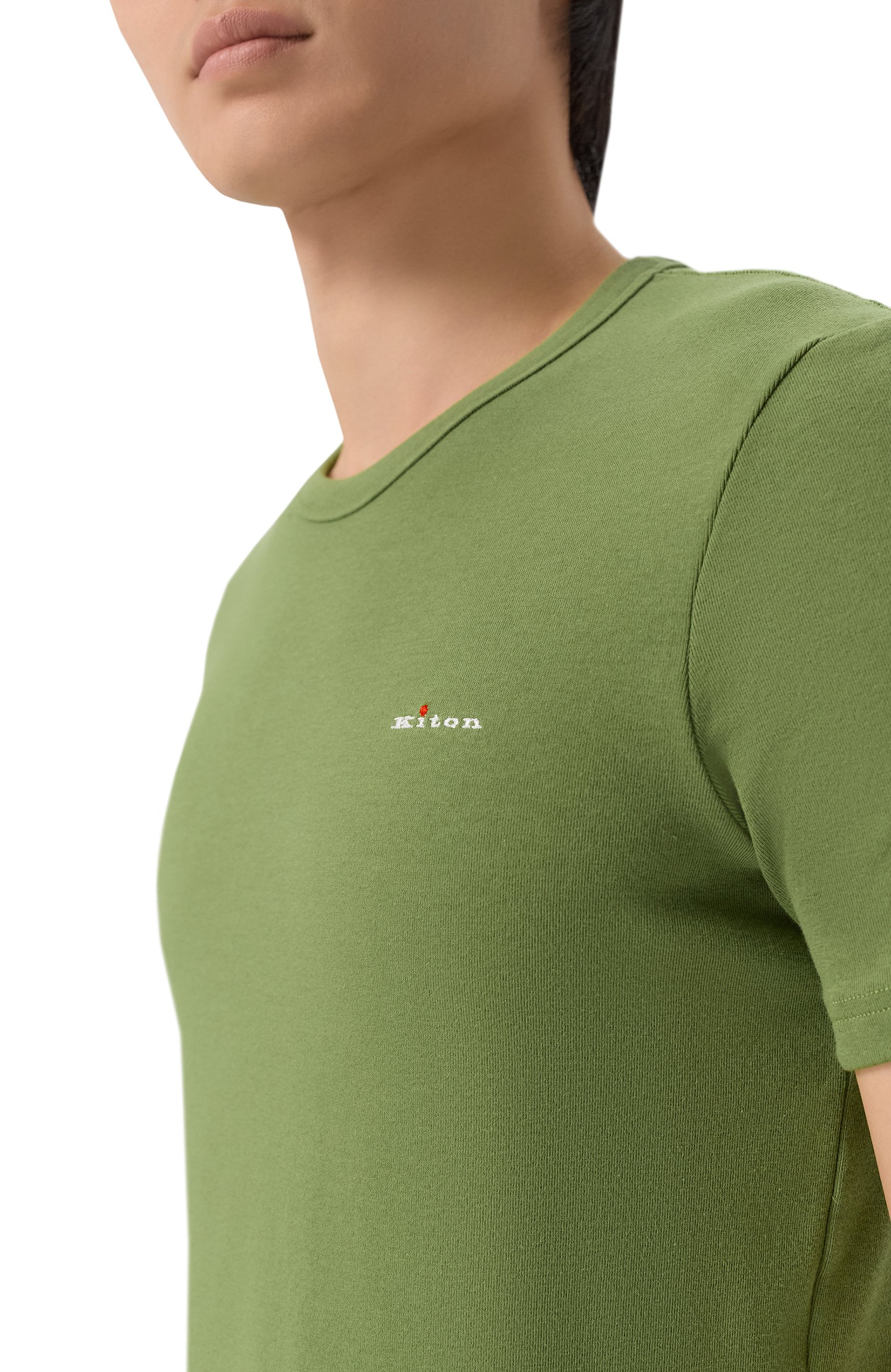 Хлопковая футболка KITON хаки цвета по цене 39950 руб., арт. UNWM008K0263L, фото 5 Хлопковая футболка KITON, арт. UNWM008K0263L, фото 5