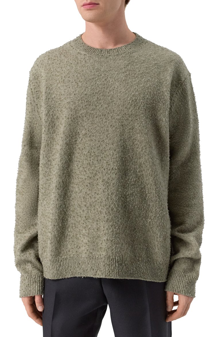 Мужской джемпер из хлопка и шерсти MAISON MARGIELA светло-зеленого цвета, арт. S50HL0033/M13108 | Фото 3 (Драгоценные камни: Проставлено; Рукава: Длинные; Материал сплава: Проставлено; Материал внешний: Шерсть, Хлопок; Длина (для топов): Стандартные; Мужское Кросс-КТ: Джемперы; Стили: Кэжуэл, Минимализм; Вырез: Круглый; Принт: Без принта)