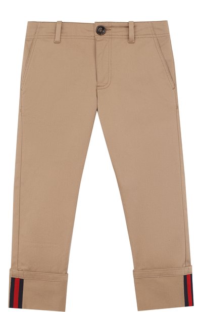 Хлопковые брюки прямого кроя GUCCI бежевого цвета по цене 37850 руб., арт. 475447/XBB56, фото 1 Хлопковые брюки прямого кроя GUCCI, арт. 475447/XBB56, фото 1
