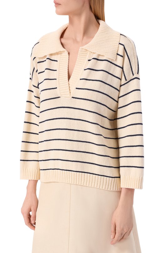 Хлопковый свитер Frame Denim WS26KSW014/THE STRIPED EASY PULL0VER Кремовый  WS26KSW014/THE STRIPED EASY PULL0VER Фото 3