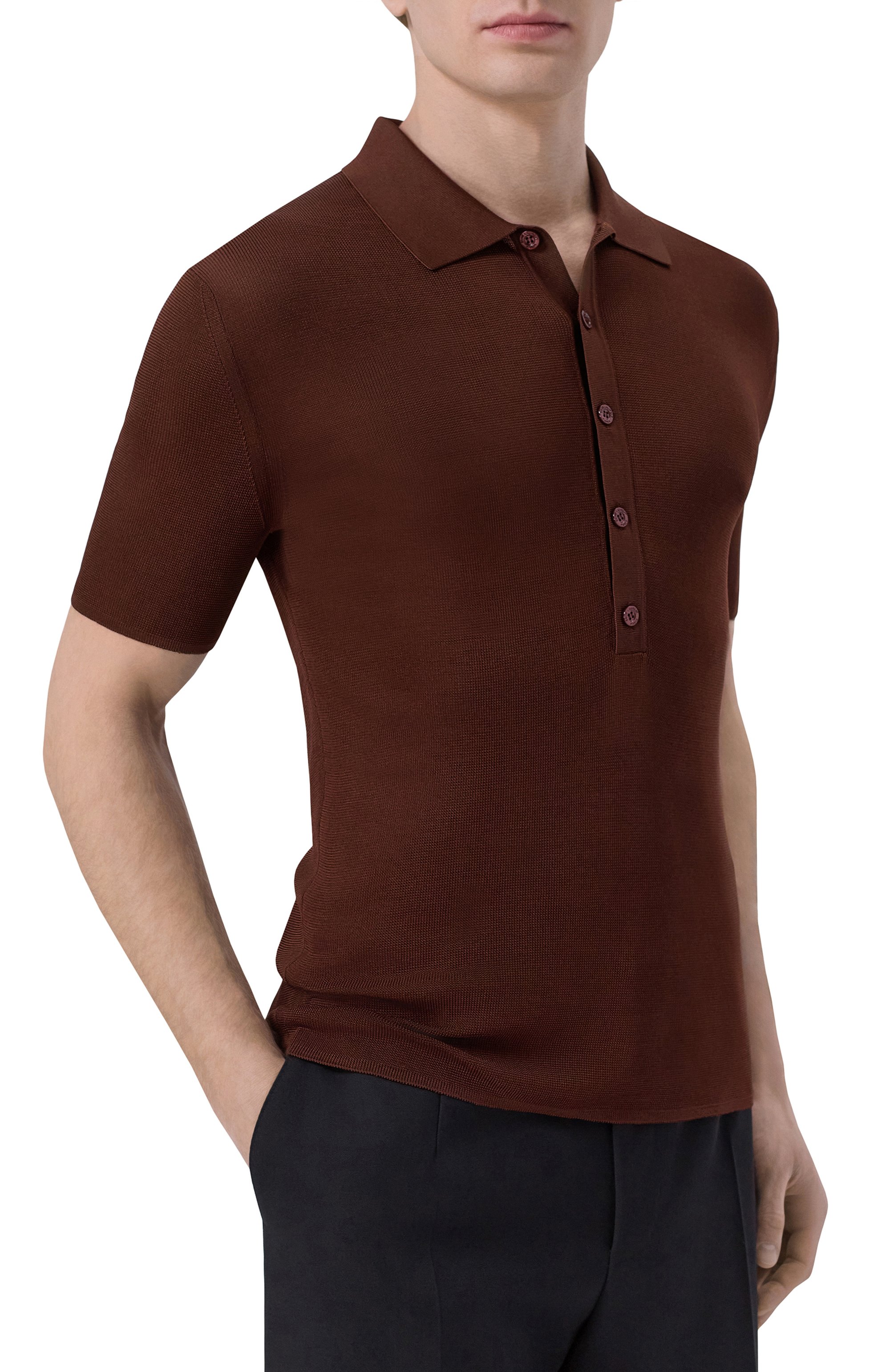 Шелковое поло SAINT LAURENT темно-коричневого цвета по цене 199500 руб., арт. 862759/Y77IK, фото 3 Шелковое поло SAINT LAURENT, арт. 862759/Y77IK, фото 3