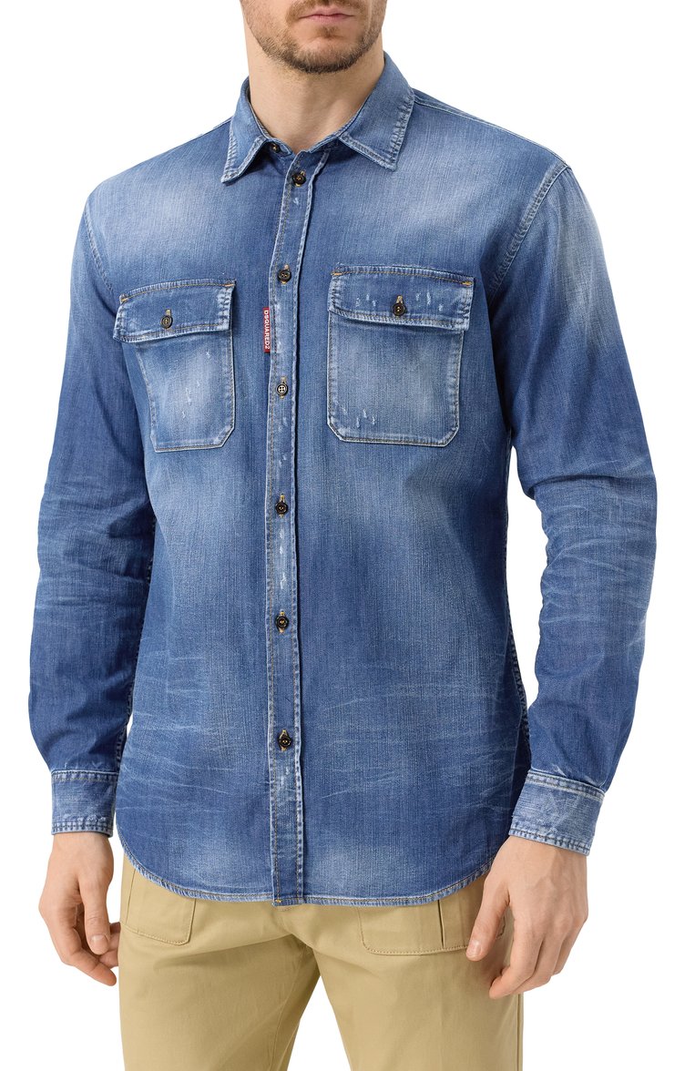 Мужская джинсовая рубашка DSQUARED2 синего цвета, арт. S74DM0904/S30341 | Фото 3 (Драгоценные камни: Проставлено; Длина (для топов): Стандартные; Рукава: Длинные; Материал сплава: Проставлено; Случай: Повседневный; Манжеты: На пуговицах; Кросс-КТ: Деним; Воротник: Кент; Стили: Кэжуэл; Принт: Однотонные; Материал внешний: Деним, Хлопок)