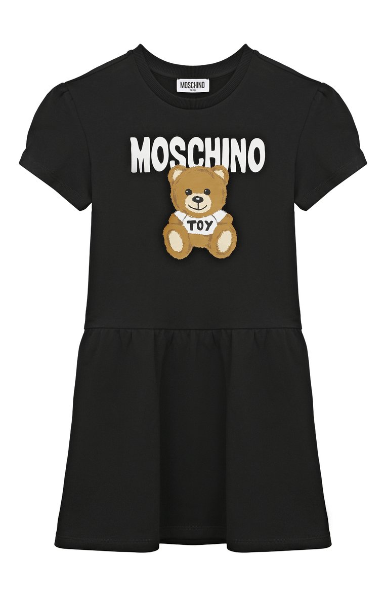 Детское хлопковое платье MOSCHINO черного цвета, арт. HDV0CZ/LCA32/4-8 | Фото 1 (Материал внешний: Хлопок; Рукава: Короткие; Девочки Кросс-КТ: Платье-одежда; Случай: Повседневный; Драгоценные камни: Проставлено; Нос: Не проставлено; Материал сплава: Проставлено; Ростовка одежда: 4 года | 104 см, 5 лет | 110 см, 6 лет | 116 см, 8 лет | 128 см)