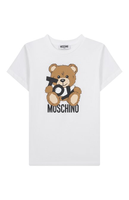 Детская хлопковая футболка MOSCHINO белого цвета, арт. H9M04K/LAA03/10-14 | Фото 1 (Драгоценные камни: Проставлено; Материал внешний: Хлопок; Материал сплава: Проставлено; Рукава: Короткие)