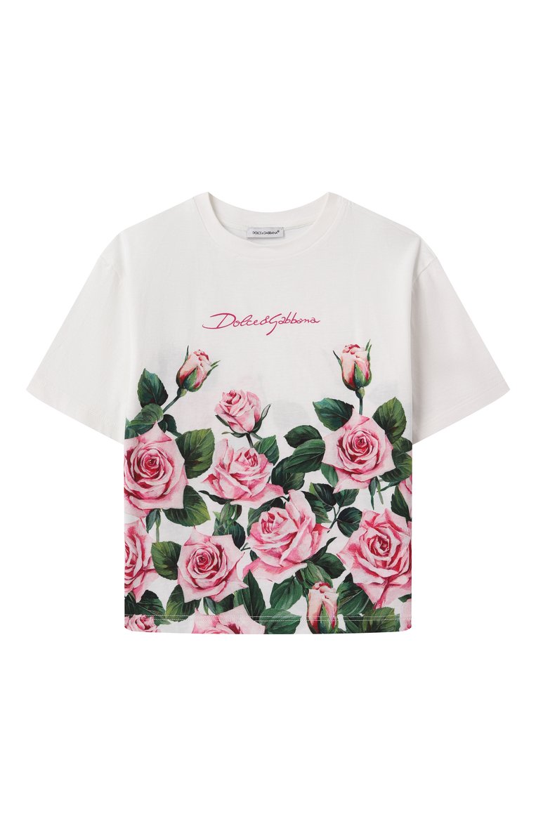 Детская хлопковая футболка DOLCE & GABBANA белого цвета, арт. L5JTNL/II7GI/8-14 | Фото 1 (Рукава: Короткие; Драгоценные камни: Проставлено; Материал сплава: Проставлено; Девочки Кросс-КТ: футболка-одежда; Материал внешний: Хлопок; Ростовка одежда: 10 - 11 лет | 140 - 146см, 13 - 15 лет | 158 см, 8 лет | 128 см)
