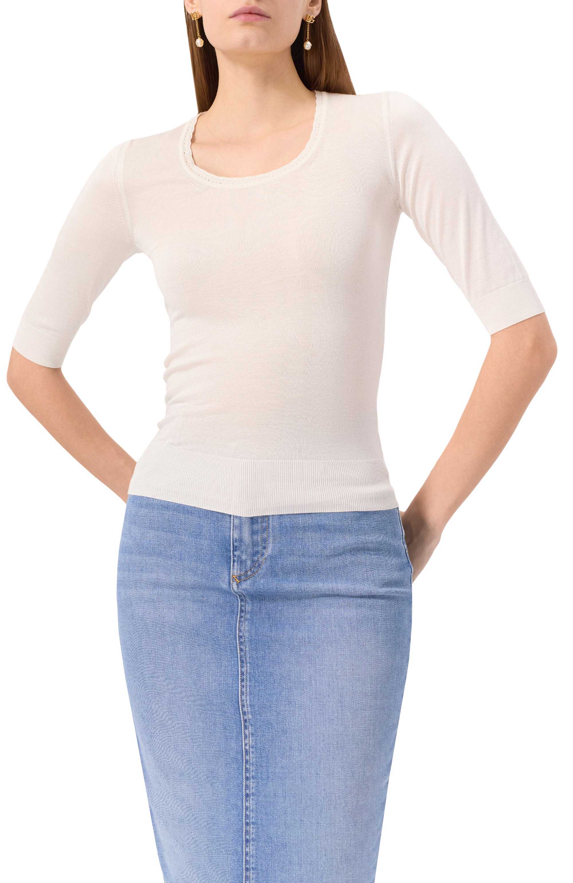 Шелковый пуловер DOLCE & GABBANA кремового цвета по цене 158500 руб., арт. FXX85T/JBSLJ, фото 3 Шелковый пуловер DOLCE & GABBANA, арт. FXX85T/JBSLJ, фото 3