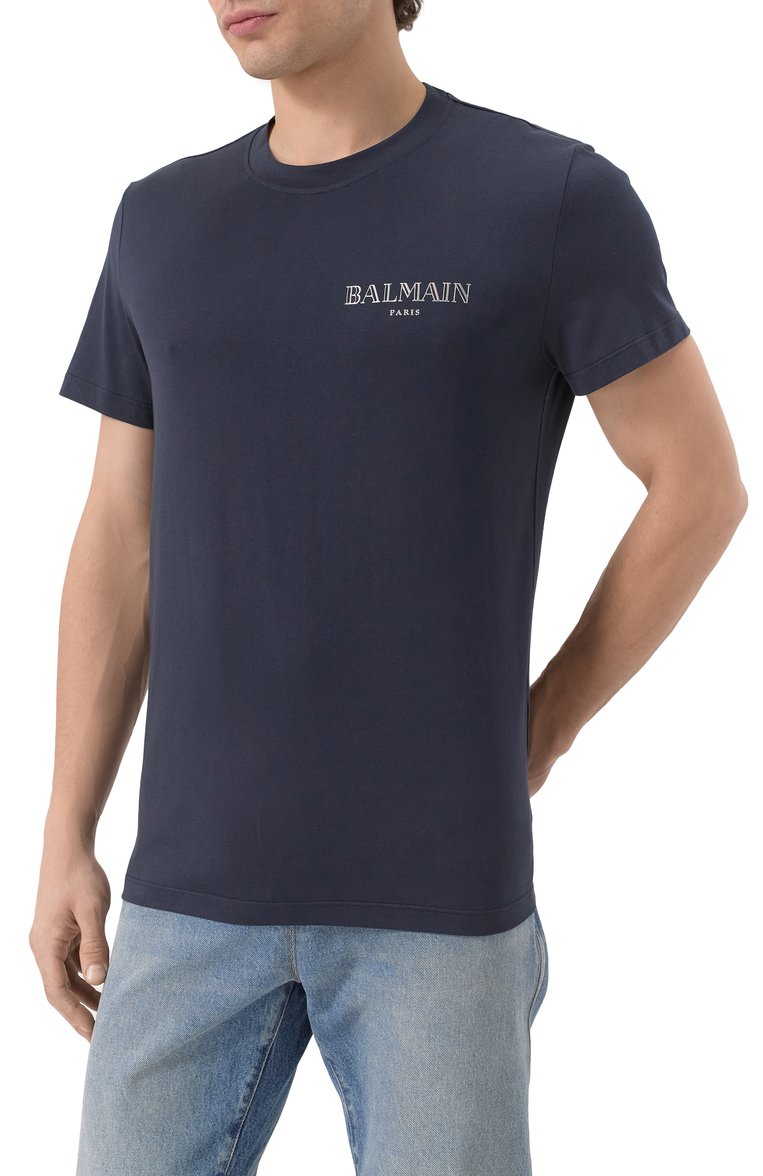 Мужская хлопковая футб�олка BALMAIN темно-синего цвета, арт. EH0EF000/BC98 | Фото 3 (Материал внешний: Хлопок; Длина (для топов): Стандартные; Рукава: Короткие; Принт: С принтом; Стили: Кэжуэл; Мужское Кросс-КТ: Футболка-одежда)