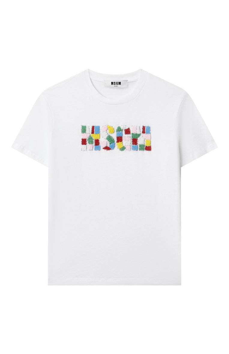 Детская хлопковая футболка MSGM KIDS белого цвета, арт. S5MSJGTH251 | Фото 1 (Материал сплава: Проставлено; Драгоценные камни: Проставлено; Рукава: Короткие; Девочки Кросс-КТ: Футболка-спорт, футболка-одежда; Материал внешний: Хлопок; Ростовка одежда: 6 лет | 116 см, 10 - 11 лет | 140 - 146см, 12 лет | 152 см, 16 лет | 164 см, 8 лет | 128 см)