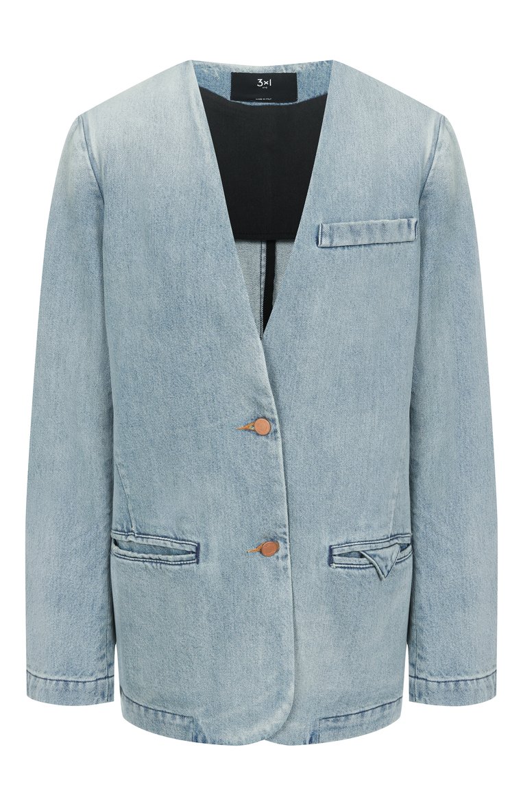 Женский джинсовый жакет 3X1 голубого цвета, арт. 31-WB1001-DR1128/THE CLEAN BLAZER | Фото 1 (Материал внешний: Хлопок, Деним; Автоматизация состава: Проставлено; Рукава: Длинные; Автоматизация ТО: Проставлено; Длина (для топов): Стандартные; Кросс-КТ: костюм, Деним; 1-2-бортные: Однобортные; Женское Кросс-КТ: Жакет-одежда; Стили: Кэжуэл)