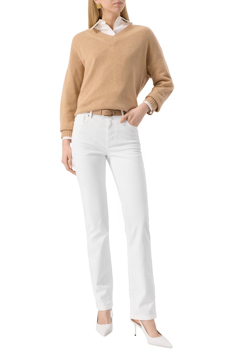 Женские джинсы MAX MARA STUDIO белого цвета, арт. J0NNY | Фото 2 (Автоматизация состава: Проставлено; Автоматизация ТО: Проставлено; Материал внешний: Хлопок, Деним; Длина (брюки, джинсы): Удлиненные; Кросс-КТ: Деним; Силуэт Ж (брюки и джинсы): Прямые; Стили: Кэжуэл)