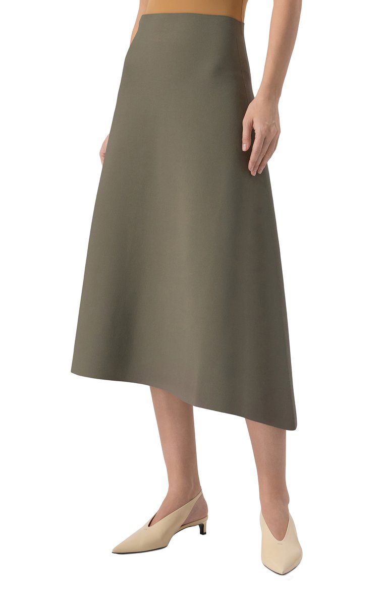 Женская юбка из вискозы JIL SANDER хаки цвета, арт. J04MA0105-J18208 | Фото 3 (Материал внешний: Вискоза; Длина Ж (юбки, платья, шорты): Миди; Стили: Минимализм; Кросс-КТ: костюм, Трикотаж)