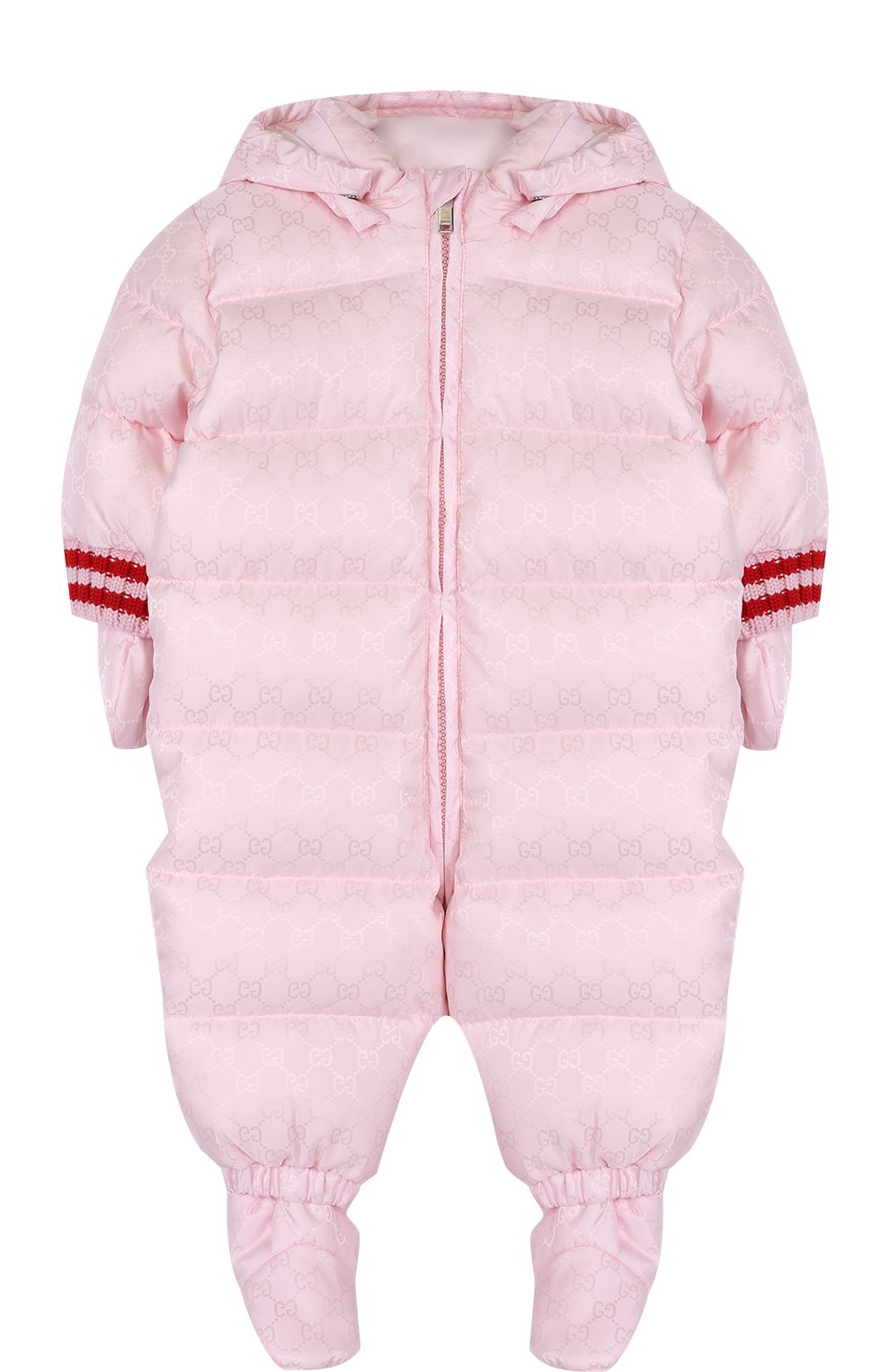 Пуховый комплект из комбинезона с капюшоном и варежек с пинетками GUCCI розового цвета по цене 114000 руб., арт. 483880/XBC51, фото 1 Пуховый комплект из комбинезона с капюшоном и варежек с пинетками GUCCI, арт. 483880/XBC51, фото 1