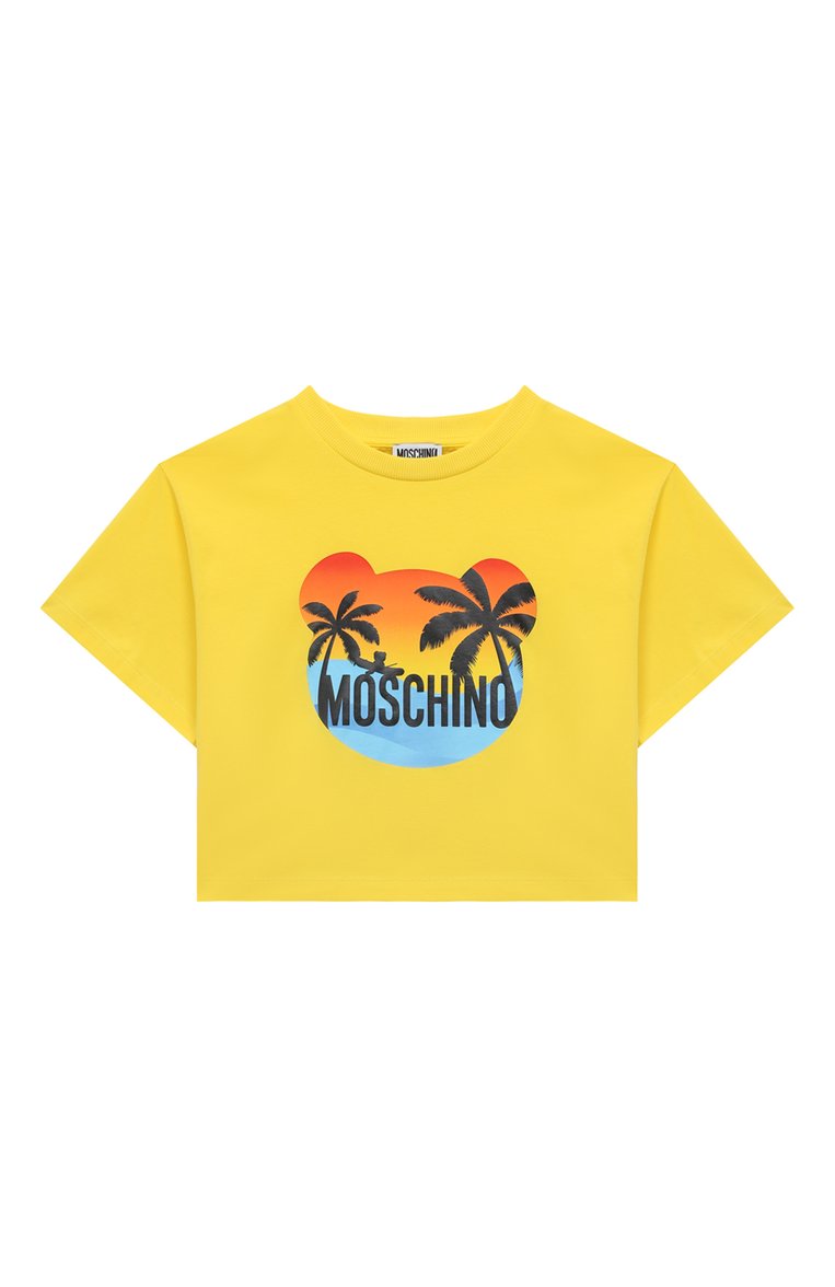 Детская хлопковая футболка MOSCHINO желтого цвета, арт. HDM06E/LBA10/4-8 | Фото 1 (Драгоценные камни: Проставлено; Материал сплава: Проставлено; Рукава: Короткие; Материал внешний: Хлопок; Девочки Кросс-КТ: футболка-одежда; Тематический товар: Teddy Bear; Ростовка одежда: 4 года | 104 см, 5 лет | 110 см, 6 лет | 116 см, 8 лет | 128 см)