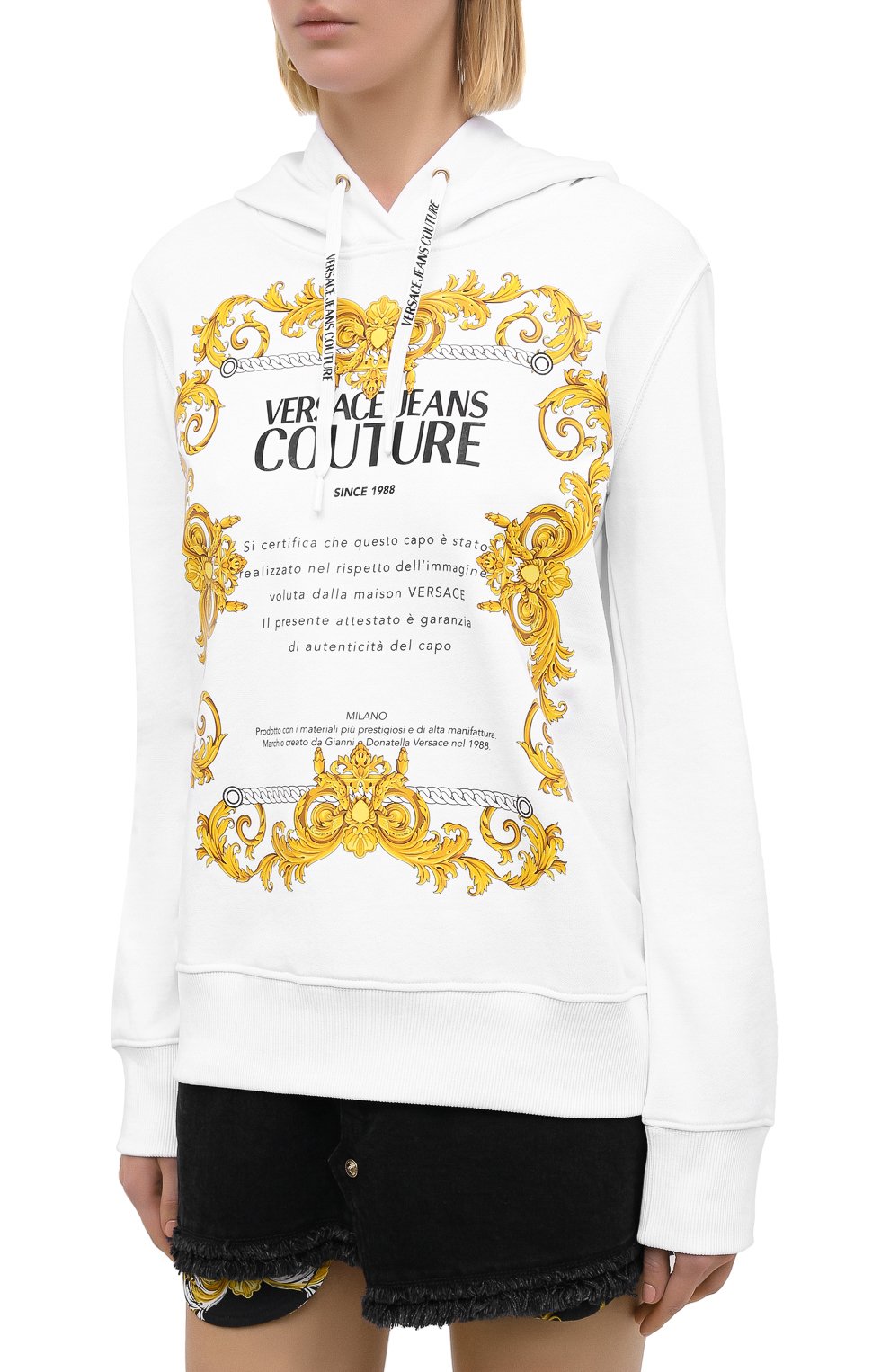 Хлопковое худи VERSACE JEANS COUTURE белого цвета по цене 22400 руб., арт. B6HZA7TS-ZDP308 H00D REG. 44/30318, фото 3 Хлопковое худи VERSACE JEANS COUTURE, арт. B6HZA7TS-ZDP308 H00D REG. 44/30318, фото 3