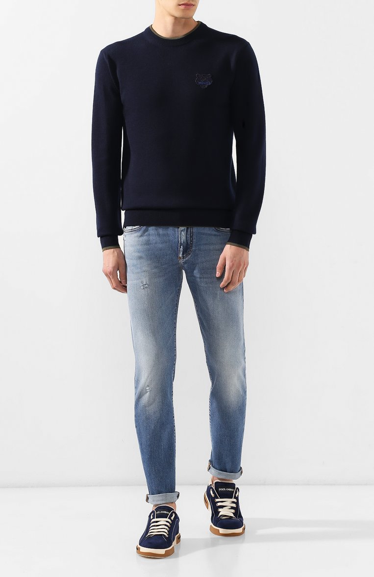 Мужской шерстяной джемпер KENZO темно-синего цвета, арт. F965PU2023AB | Фото 2 (Мужское Кросс-КТ: Джемперы; Рукава: Длинные; Рукава от горловины: Длинные; Длина (для топов): Стандартные; Материал внешний: Шерсть; Статус проверки: Проверено, Проверена категория; Принт: Без принта; Вырез: Круглый; Стили: Кэжуэл)