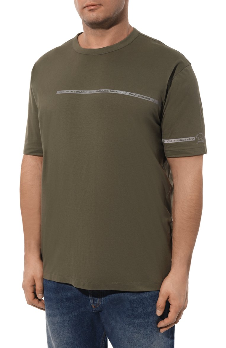 Мужская хлопковая футболка PAUL&SHARK хаки цвета, арт. 23411033/3XL-6XL | Фото 3 (Материал внешний: Хлопок; Рукава: Короткие; Длина (для топов): Удлиненные; Принт: Без принта; Стили: Милитари; Мужское Кросс-КТ: Футболка-одежда; Кросс-КТ: Джерси; Автоматизация ТО: Проставлено; Автоматизация состава: Проставлено; Детали: Декор)