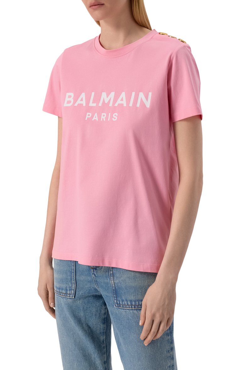 Женская хлопковая футболка BALMAIN розового цвета, арт. BF1EF005/BB02 | Фото 3 (Длина (для топов): Стандартные; Материал внешний: Хлопок; Рукава: Короткие; Стили: Кэжуэл; Принт: С принтом)
