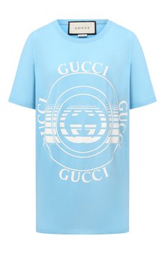 Женская хлопковая футболка GUCCI голубого цвета, арт. 615044/XJCQ8 | Фото 1 (Рукава: Короткие; П�ринт: С принтом; Длина (для топов): Удлиненные; Региональные ограничения белый список (Axapta Mercury): RU; Материал сплава: Проставлено; Материал внешний: Хлопок; Женское Кросс-КТ: Футболка-одежда; Драгоценные камни: Проставлено; Стили: Кэжуэл)