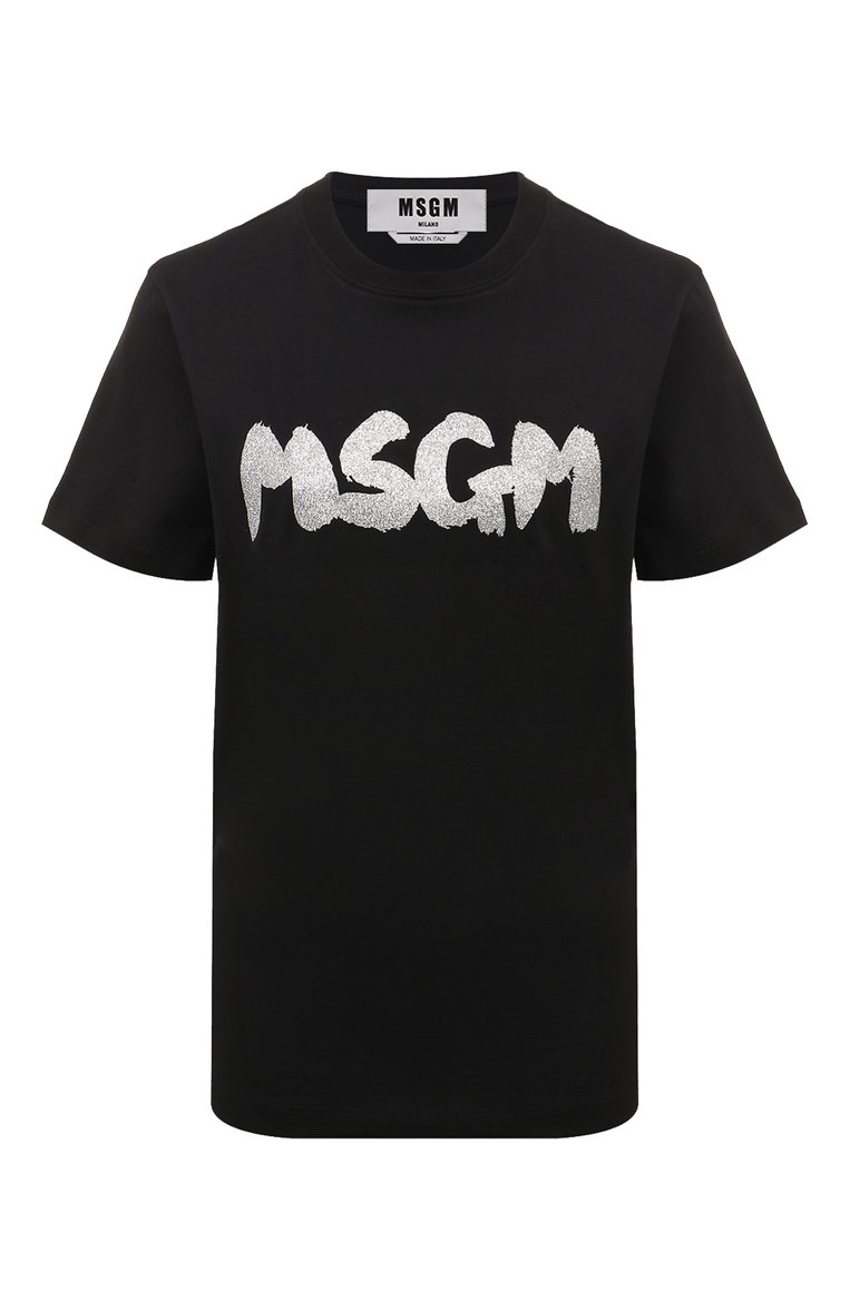 Женская хлопковая футболка MSGM черного цвета, арт. 3641MDM138/247002 | Фото 1 (Рукава: Короткие; Длина (для топов): Стандартные; Принт: С принтом; Материал сплава: Проставлено; Материал внешний: Хлопок; Женское Кросс-КТ: Футболка-одежда; Драгоценные камни: Проставлено; Стили: Кэжуэл)