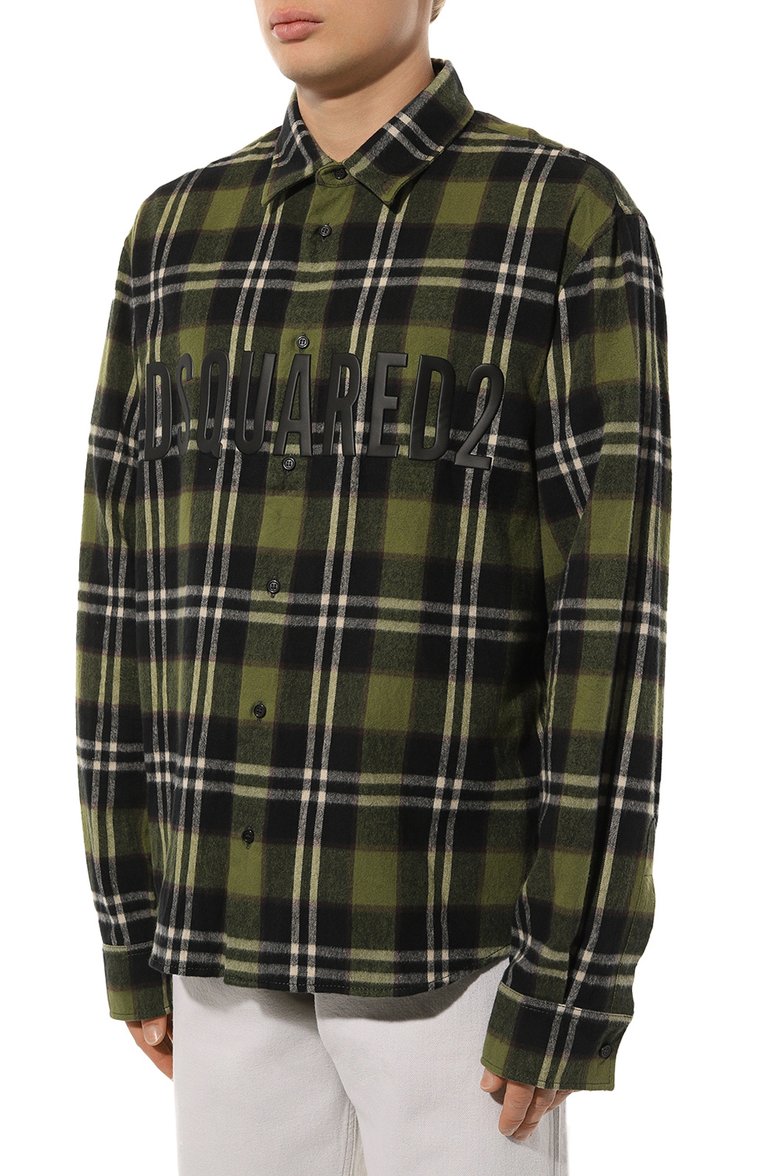 Мужская хлопковая рубашка DSQUARED2 зеленого цвета, арт. S74DM0758/S78107 | Фото 3 (Рукава: Длинные; Длина (для топов): Стандартные; Материал внешний: Хлопок; Манжеты: На пуговицах; Случай: Повседневный; Воротник: Кент; Принт: Клетка; Стили: Кэжуэл; Автоматизация состава: Проставлено; Автоматизация ТО: Проставлено; Детали: Декор)