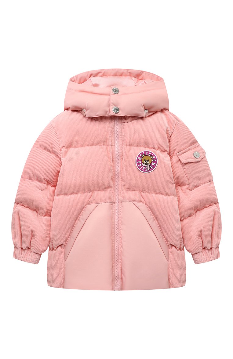 Детская утепленная куртка из ве�львета MOSCHINO светло-розового цвета, арт. HUS044/LWA04/10A-14A | Фото 1 (Драгоценные камни: Проставлено; Рукава: Длинные; Материал внешний: Хлопок; Материал сплава: Проставлено; Материал подклада: Вискоза)