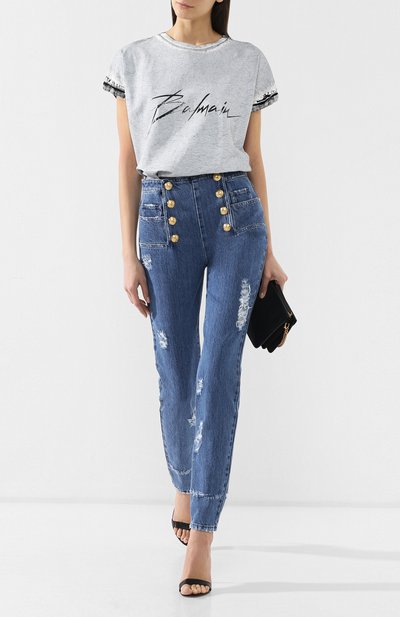 Футболка из смеси вискозы и льна BALMAIN серого цвета по цене 106500 руб., арт. RF11055/J062, фото 2 Футболка из смеси вискозы и льна BALMAIN, арт. RF11055/J062, фото 2