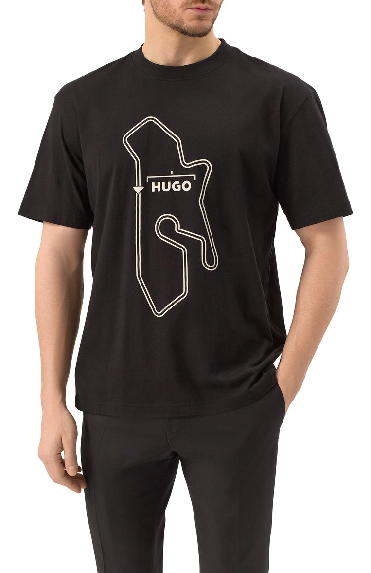 Мужская хлопковая футболка HUGO черног�о цвета, арт. 50531757 | Фото 3 (Рукава: Короткие; Длина (для топов): Стандартные; Материал внешний: Хлопок; Принт: С принтом; Стили: Кэжуэл; Кросс-КТ: Джерси; Мужское Кросс-КТ: Футболка-одежда)