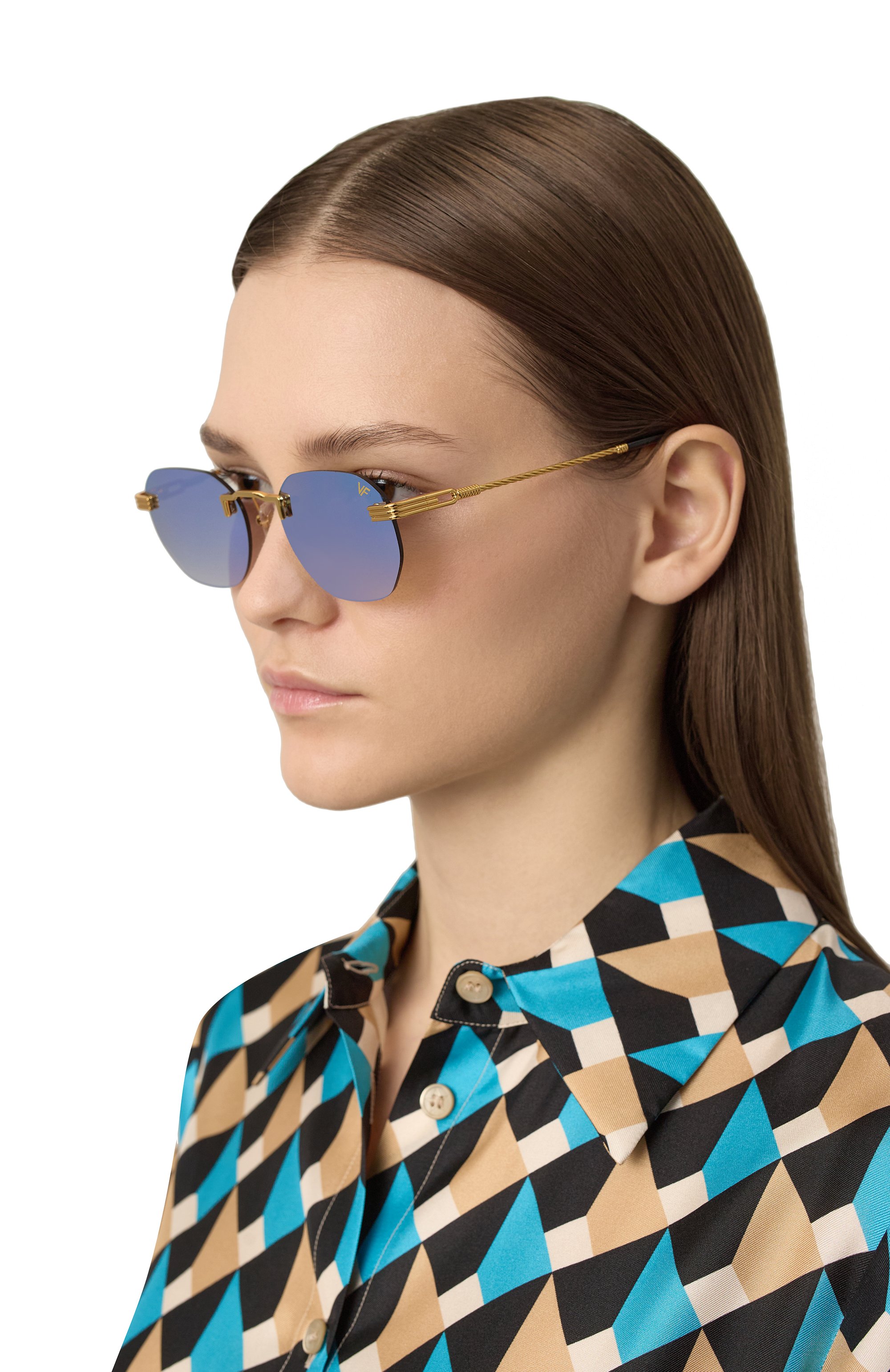 Солнцезащитные очки VINTAGE FRAMES голубого цвета по цене 34600 руб., арт. DETR0IT PLAYER 24KT G0LD/BR0WN, фото 3 Солнцезащитные очки VINTAGE FRAMES, арт. DETR0IT PLAYER 24KT G0LD/BR0WN, фото 3