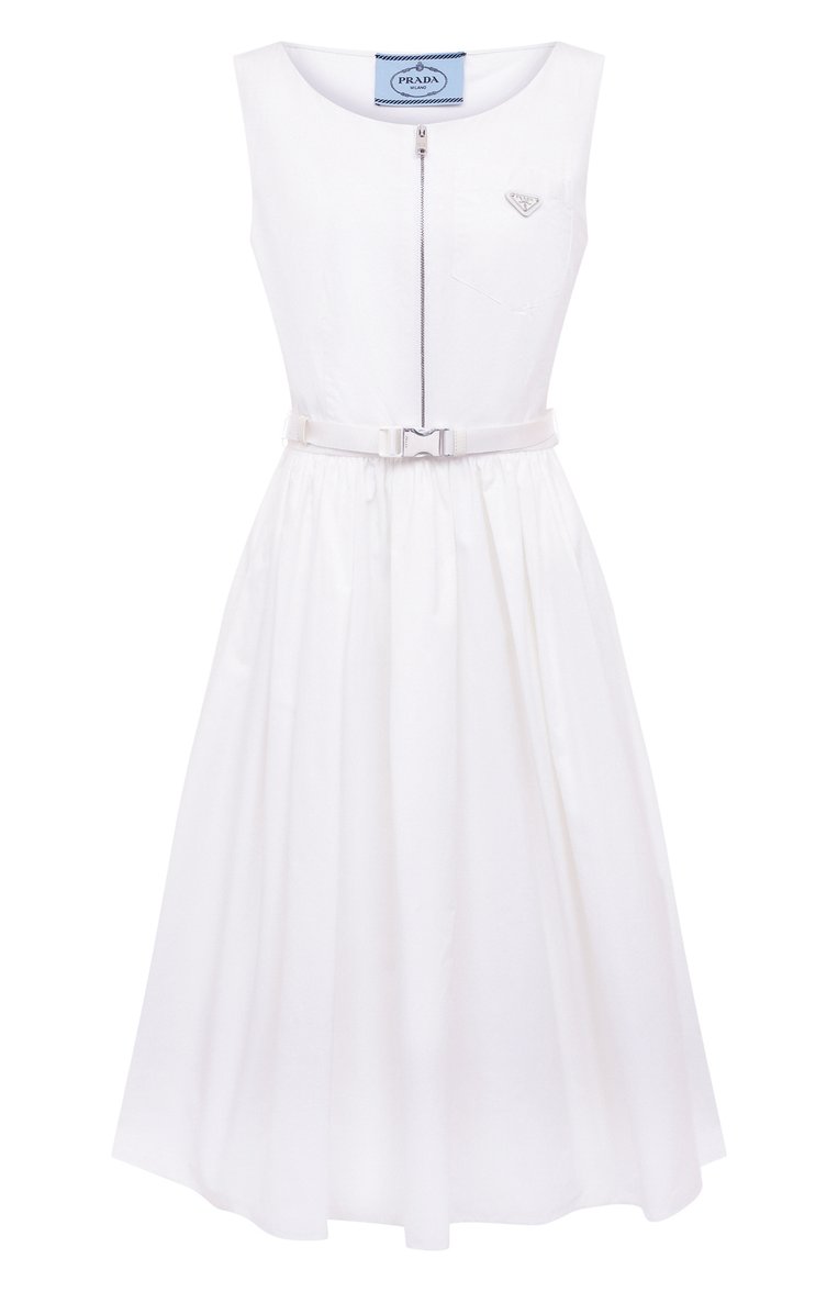Женское хлопковое платье PRADA белого цвета, арт. P3F65H-1UCX-F0009-211 | Фото 1 (Материал внешний: Хлопок; Длина Ж (юбки, платья, шорты): До колена; Женское Кросс-КТ: Платье-одежда; Случай: Повседневный; Стили: Кэжуэл)