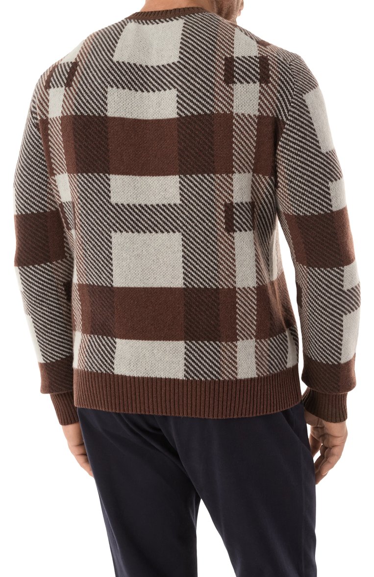 Мужской кашемировый джемпер KITON коричневого цвета, арт. UMK043303_4XL-7XL | Фото 4 (Рукава: Длинные; Длина (для топов): Стандартные; Материал внешний: Кашемир, Шерсть; Вырез: Круглый; Стили: Кэжуэл; Принт: С принтом; Мужское Кросс-КТ: Джемперы; Автоматизация состава: Проставлено; Детали: Без декора; Автоматизация ТО: Проставлено)
