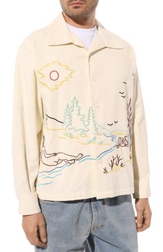 Мужская вельветовая рубашка CARNE BOLLENTE кремового цвета, арт. AW23LS0204 | Фото 3 (Рукава: Длинные; Длина (для топов): Стандартные; Материал внешний: Хлопок; Принт: С принтом; Манжеты: На пуговицах; Случай: Повседневный; Стили: Гранж; Воротник: Отложной)