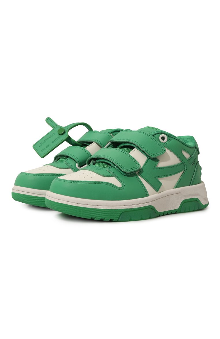 Детские кожаные кеды OFF-WHITE зеленого цвета, арт. 0BIA008S24LEA001/28-34 | Фото 1 (Материал внутренний: Текстиль; Нос: Не проставлено; Кросс-КТ: велькро; Мальчики Кросс-КТ: Обувь-низкие; Материал внешний: Натуральная кожа)