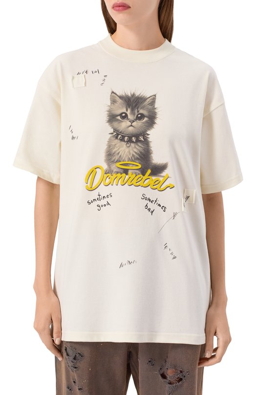 Хлопковая футболка DOMREBEL KITTY PUNK T-SHIRT Кремовый  KITTY PUNK T-SHIRT Фото 3