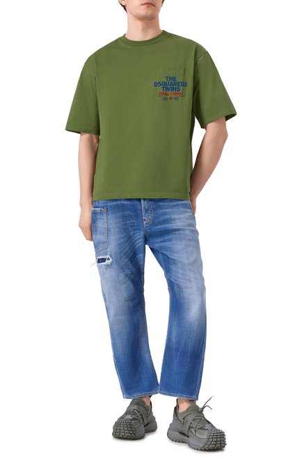 Мужская хлопковая футболка DSQUARED2 зеленого цвета, арт. S74GD1407/S23009 | Фото 2 (Материал сплава: Проставлено; Материал внешний: Хлопок; Длина (для топов): Стандартные; Рукава: 3/4; Драгоценные камни: Проставлено)